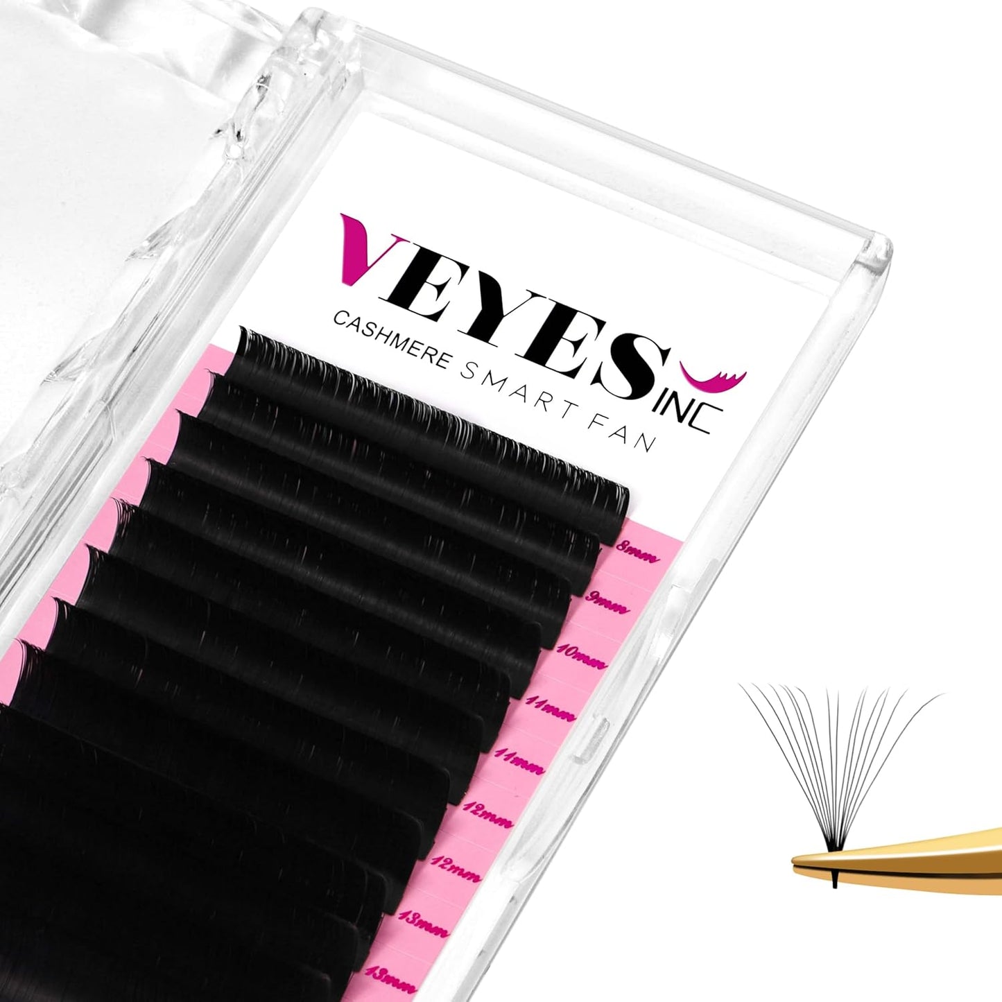 VEYES INC Cashmere Smart Fan Lash Extensions 0.03 0.05 0.07 C/CC/D Curl 8-20mm Mixed & Single Length, Super Matte Black Volume Lashes, Professional Supplies for Lash Techs (0.03 C 9mm)