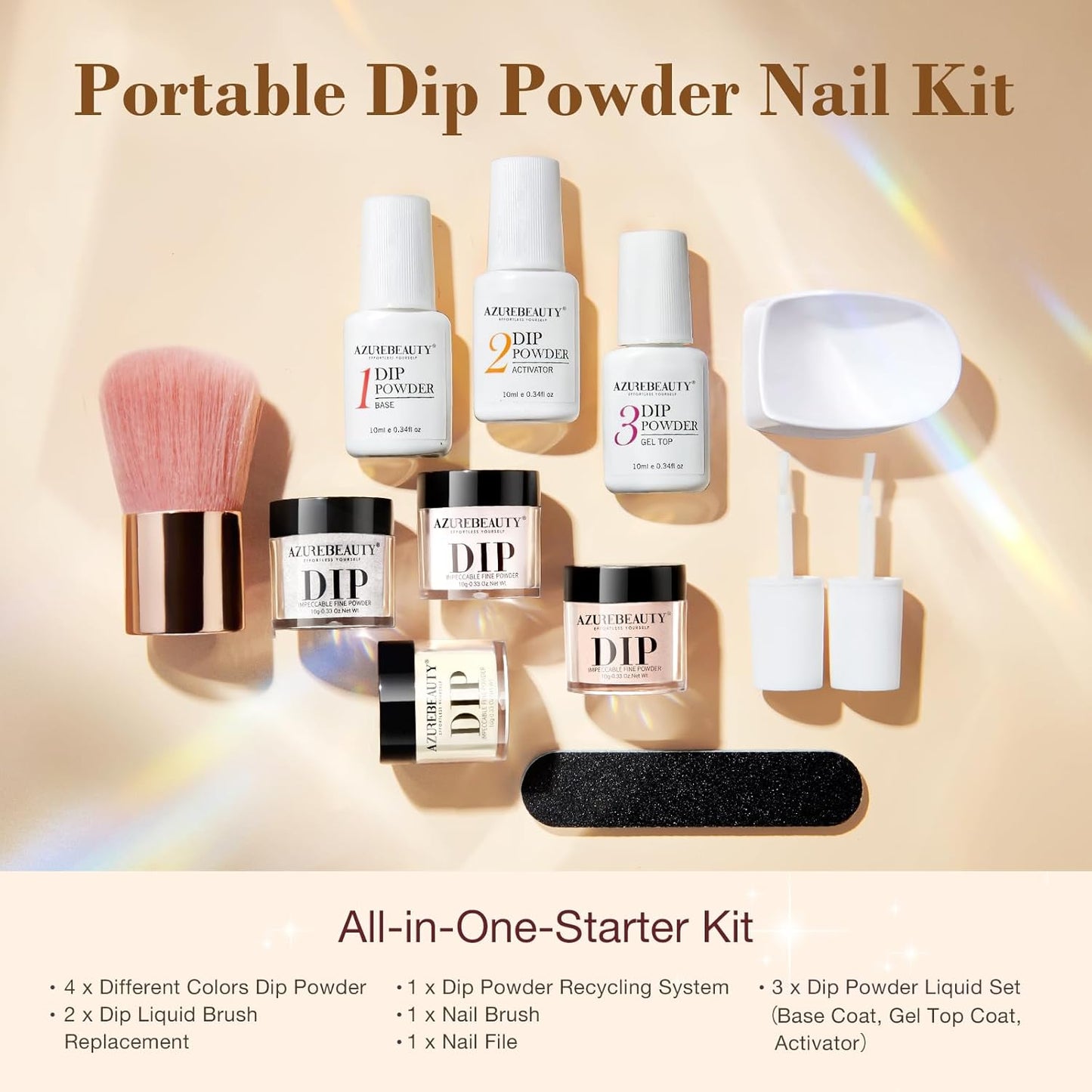 AZUREBEAUTY Dip Powder Nail Kit, 4 Colors Dipping Powder Nude Skin Glitter System Liquid Set Recycling Tray, French Nail Art Base & Top Coat Activator DIY Salon.
