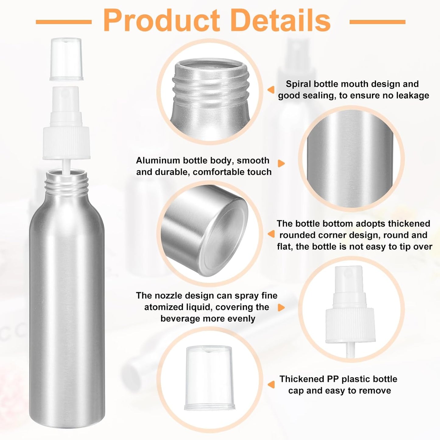 HARFINGTON 5pcs Aluminum Fine Mist Spray Bottles 120ml/4oz Metal Small Liquid Alcohol Refillable Travel Container with White Plastic Nozzle Cap for Perfume Skincare Cosmetic Storage Bottle