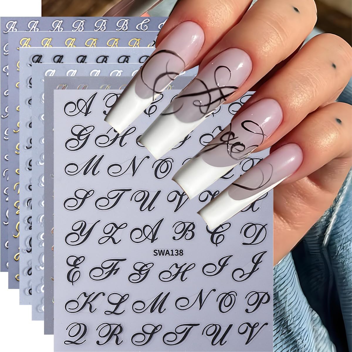 Letter Nail Art Stickers, Old English Letter Nail Art Decals 3D Self-Adhesive Gold Silver Black White Retro English Pattern Nail Design 6Pcs Nail Art Supplies for Women Nail Decoration