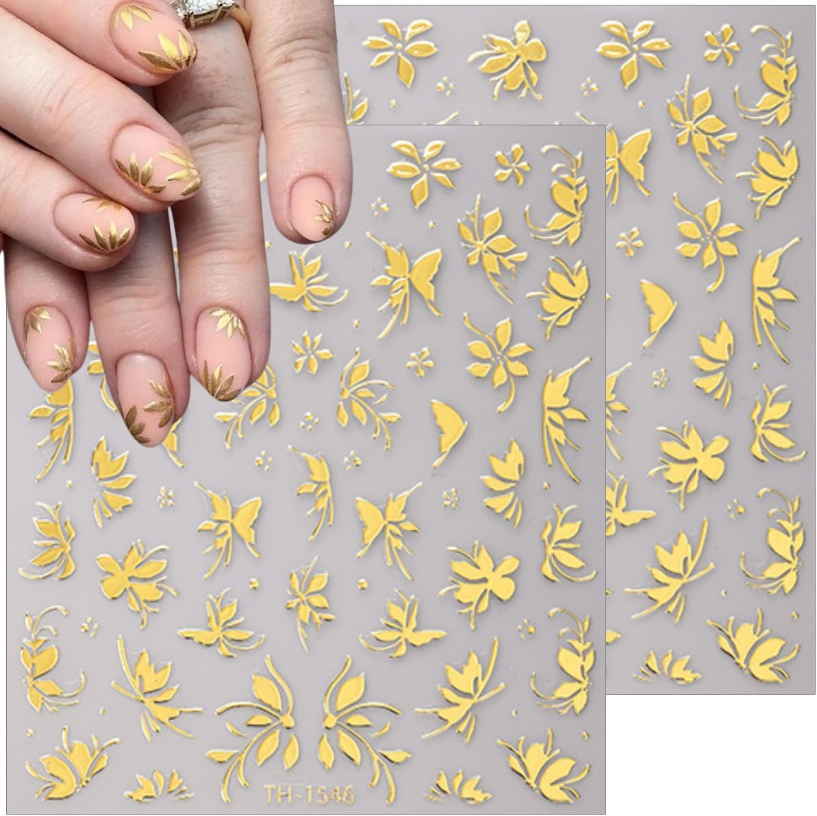 6 Sheets Gold Nail Stickers 3D Metallic Flower Leaf Nail Art Stickers 3D Self Adhesive Gold Nails Designs Accessories Cherry Blossom Flower Nails Decals for Women Girls DIY Summer Manicure Decoration