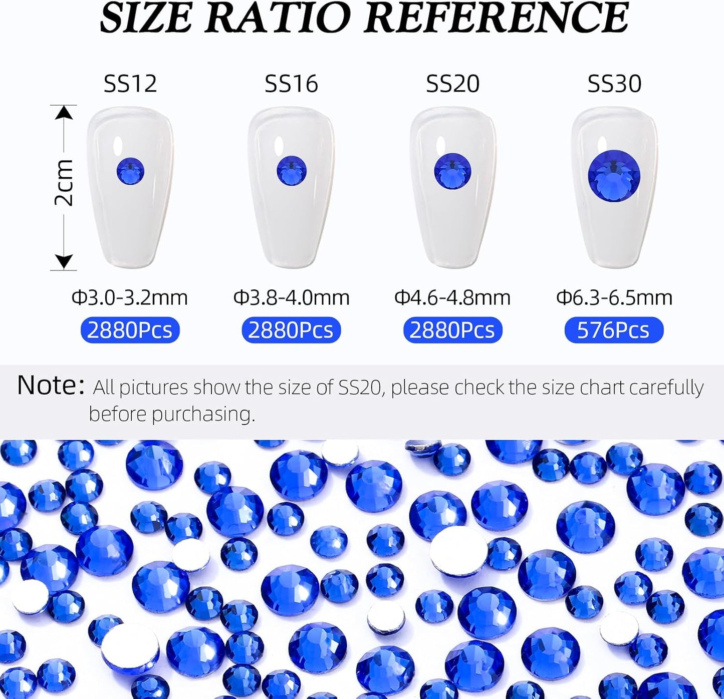 Sapphire Flatback Rhinestones, Glass Rhinestones for Nail Art and Craft, Glue Fix, Loose Crystal Gemstones(Blue, SS20, 2880pcs, 4.6-4.8mm)