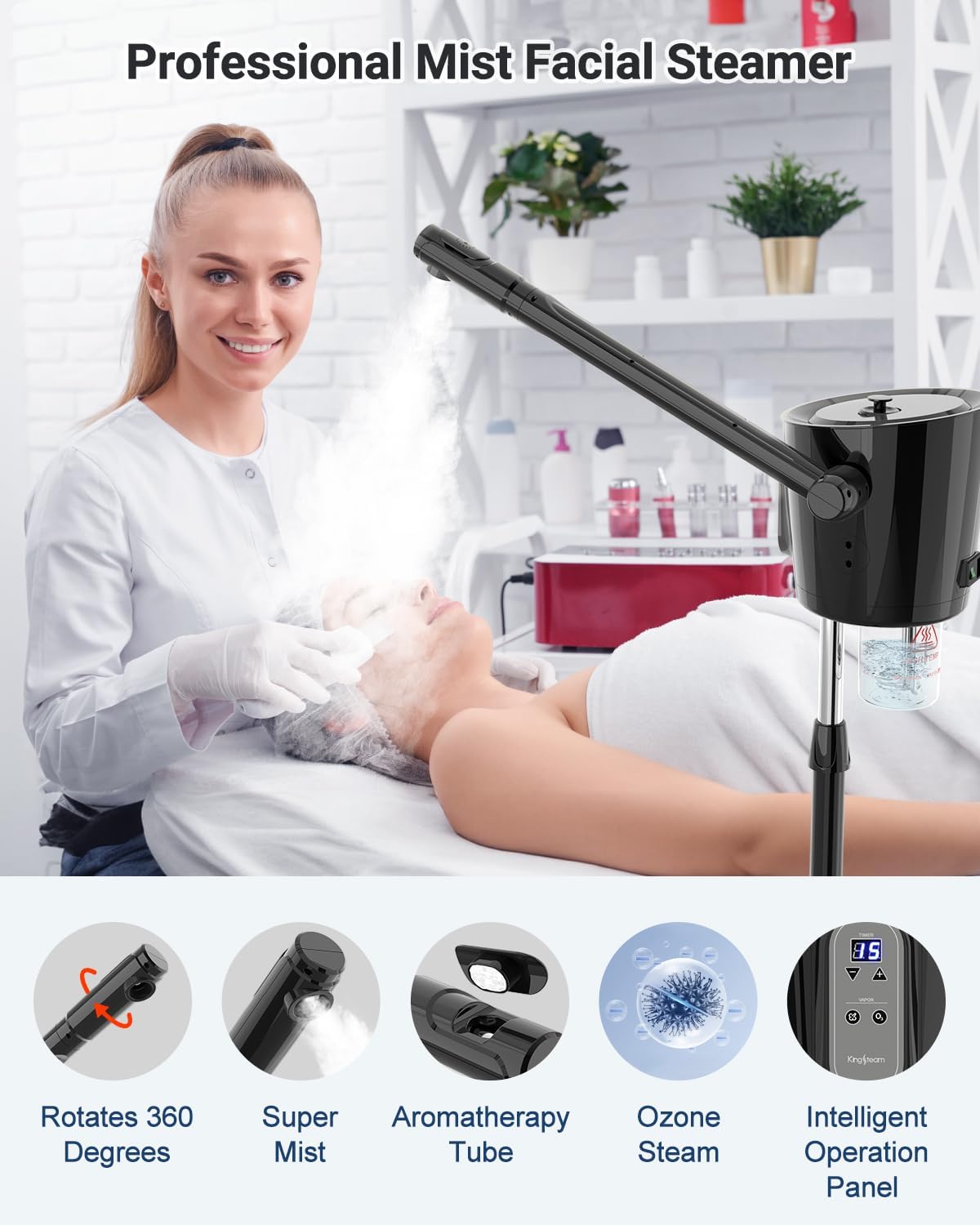 Kingsteam Professional Facial Steamer with Ozone - Ionic Nano Hot Mist Steamer with Large Capacity and 30-Min Timer for Estheticians, Beauty Salons, and Home Skin Care Use