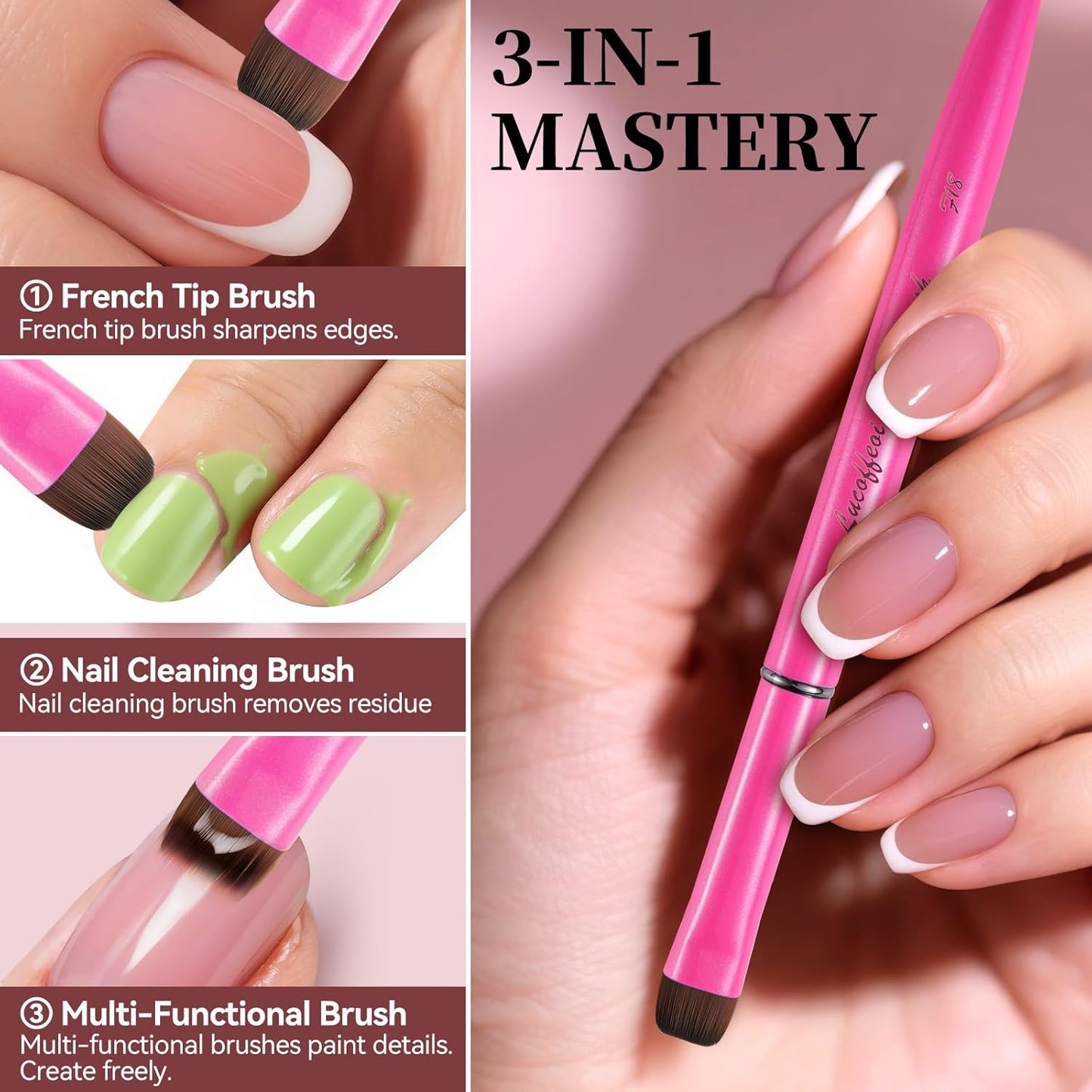 Nail Brush for French Tip, Nail Cleaning Brush for Gel & Acrylic - Professional Kolinsky Sable French Manicure Brush, Thin Nail Art Brush for Precise Clean Up & Polygel Application (Pink, F14)