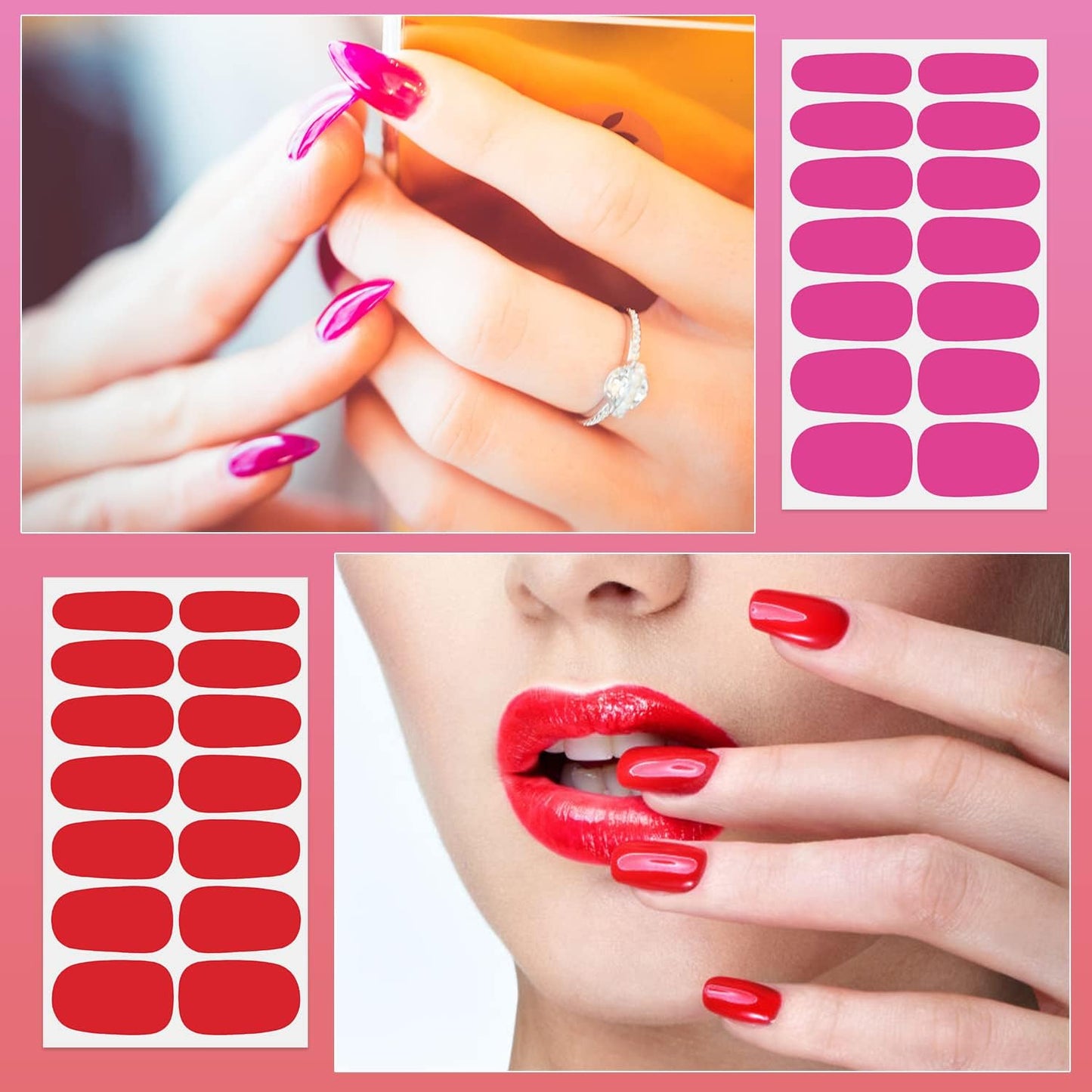 DANNEASY 16 Sheets Pink Red Nail Wraps Solid Color Nail Polish Strips for Women Gel Nail Strips Self Adhesive Nail Polish Stickers Fingernail Stickers Manicure Kit with 1pc Nail File, Cuticle Stick
