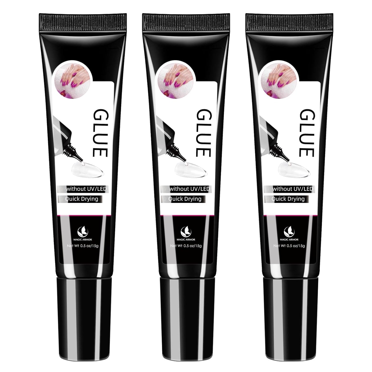 3Pcs Solid Nail Glue Gel for Press On Nail, No UV Lamp, Super Strong, Quick Drying, Semi Solid, Long Lasting, Clear/Transparent (15g x3)