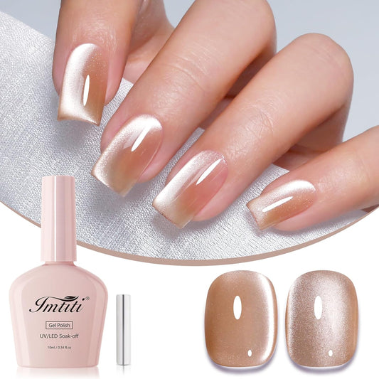 Imtiti Nude Cat Eye Gel Nail Polish, Moonlight Nude Holographic Cat Eyes Glitter Magnetic UV Soak Off Gel Polish with Magnetic Stick 1Pcs (0.34 Fl Oz-947)