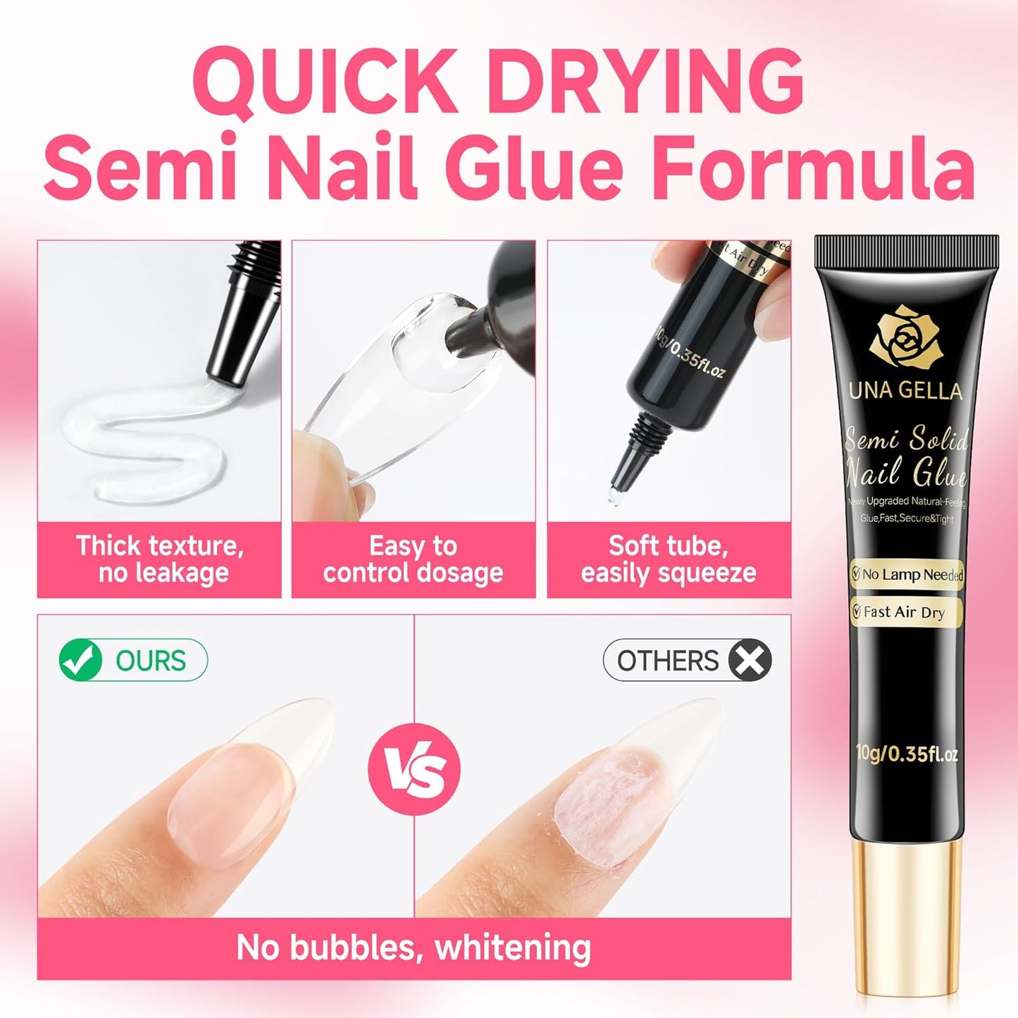 UNA GELLA Lamp-Free Semi Solid Nail Glue for Press Ons: 10ml and Soak Off Gel Nail Glue Remover for False Acrylic Nails 12ml, Super Strong G LUE Quick Removal Kit