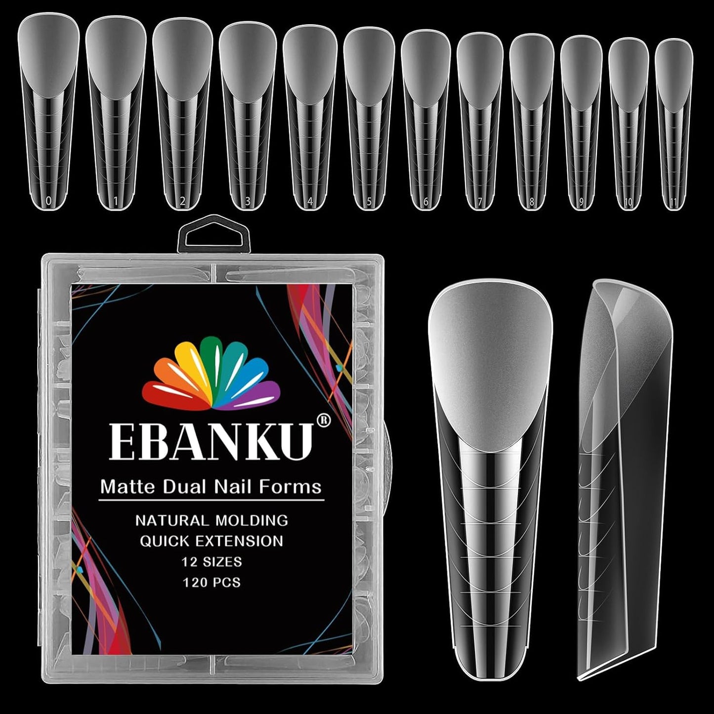 EBANKU 120Pcs Matte Dual Nail Forms, Square Poly Extension Gel Nail Forms Full Cover Nail Molds for Solid Builder Nail Gel Nail Art Design Salon&DIY 12 Sizes