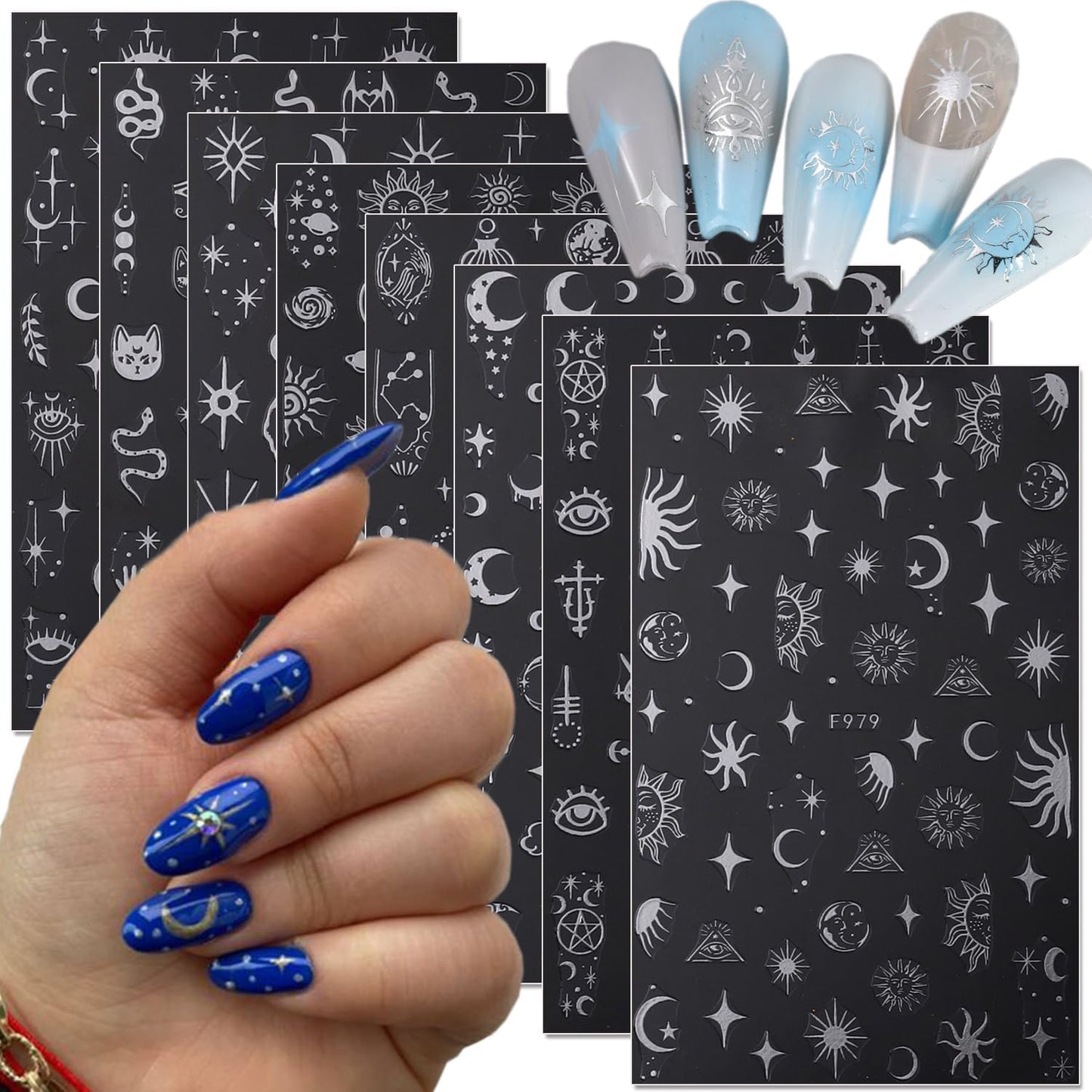 Silver Star Sun Nail Art Sticker Decals 3D Moon Nail Stickers 8 Sheets Self-Adhesive Sun Moon Star Nail Charm Design Nail Art Supplies Snake Eyes Nail Decals for Women Acrylic Nails Salon Decorations