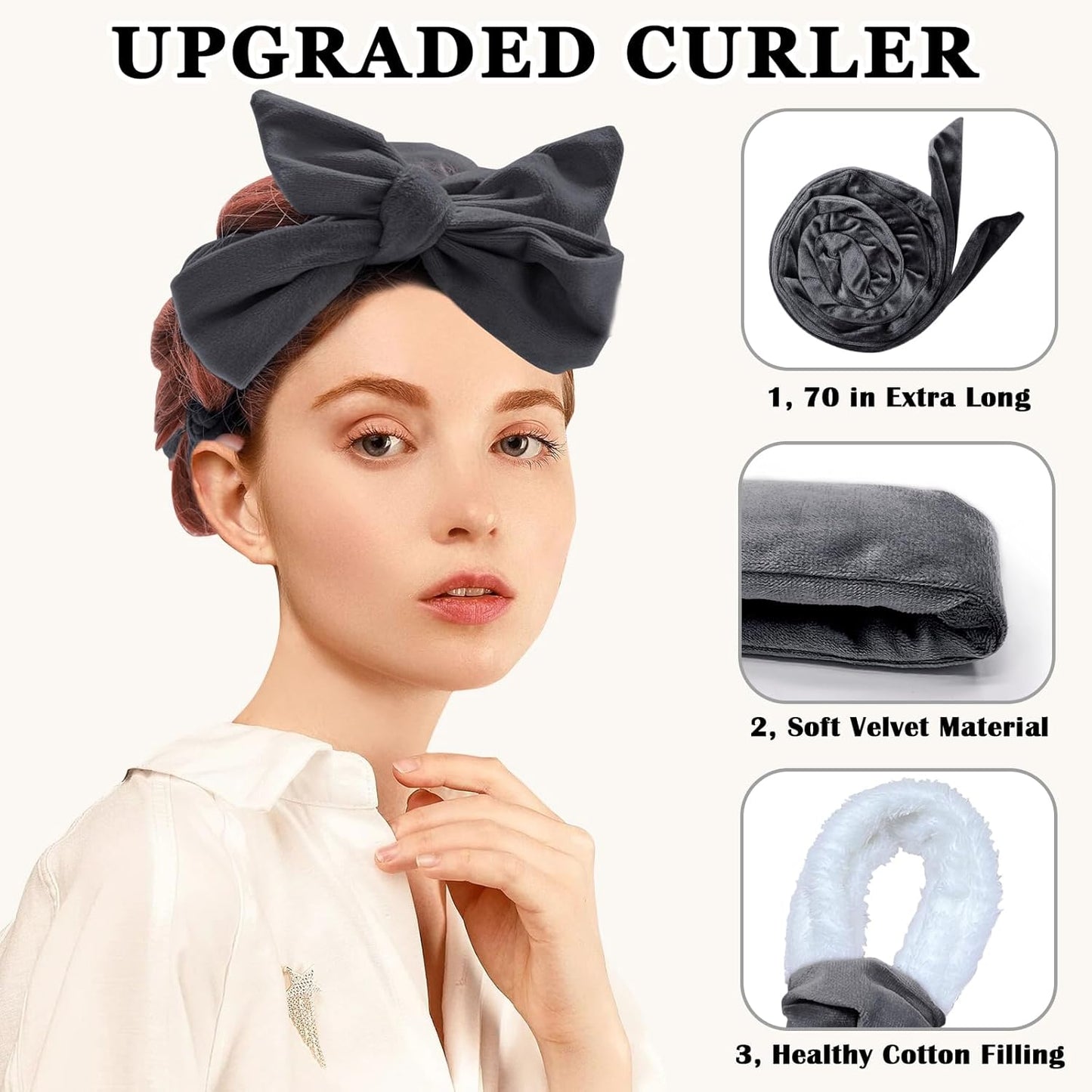 No Heat Overnight Hair Curlers Headband, 70" Soft Ribbon Curl Wrap for Long Hair - 9 PCS Curling Rods Set - Grey