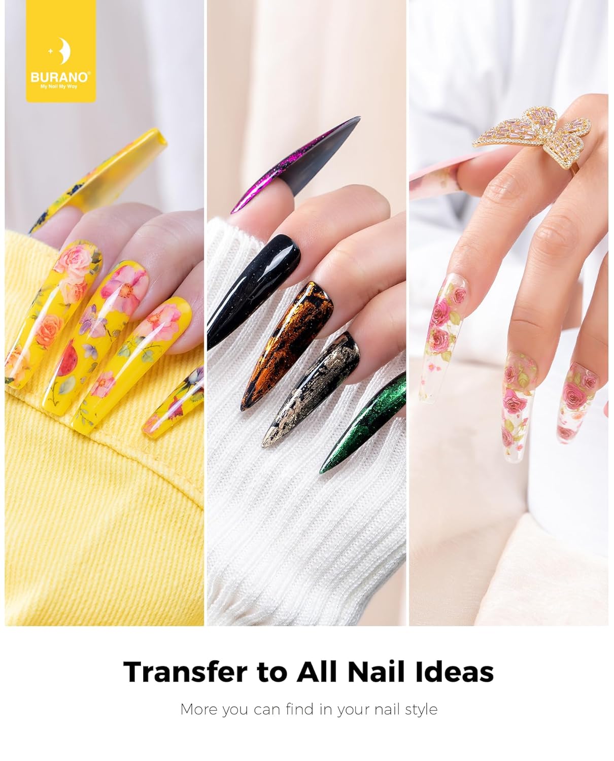 BURANO Nail Art Nail Foil Glue Gel, o.5 oz with 10PCS Foil Stickers Set Nail Foil Glue for Nails Foil Transfer Gel, Nail Design DIY UV LED Lamp Required (Design Foil 17)