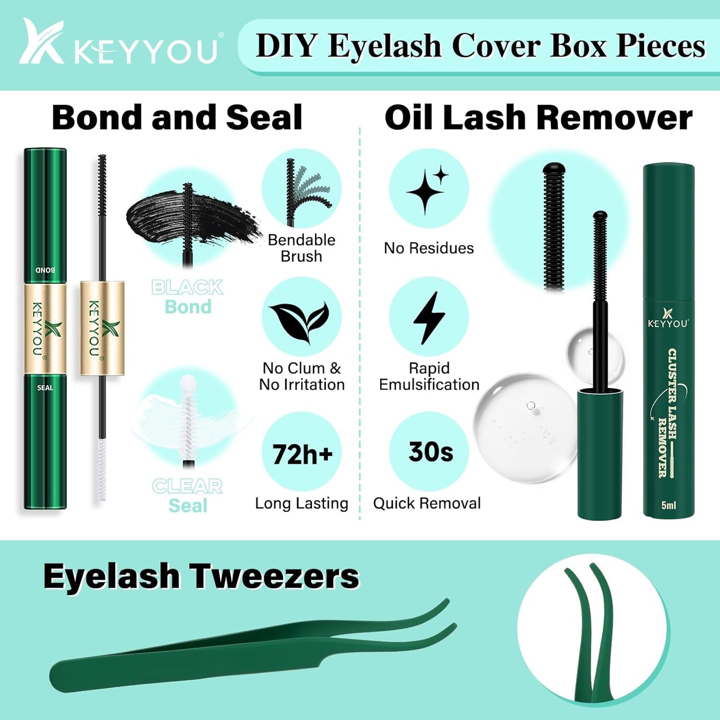 KEYYOU Lash Extension Kit 144pcs Air Touch Lash Clusters with Bond and Seal Lash Applicator Remover D Curl DIY Eyelash Extension Kit Easy to Apply at Home(Air06Kit-D-8-18Mix)