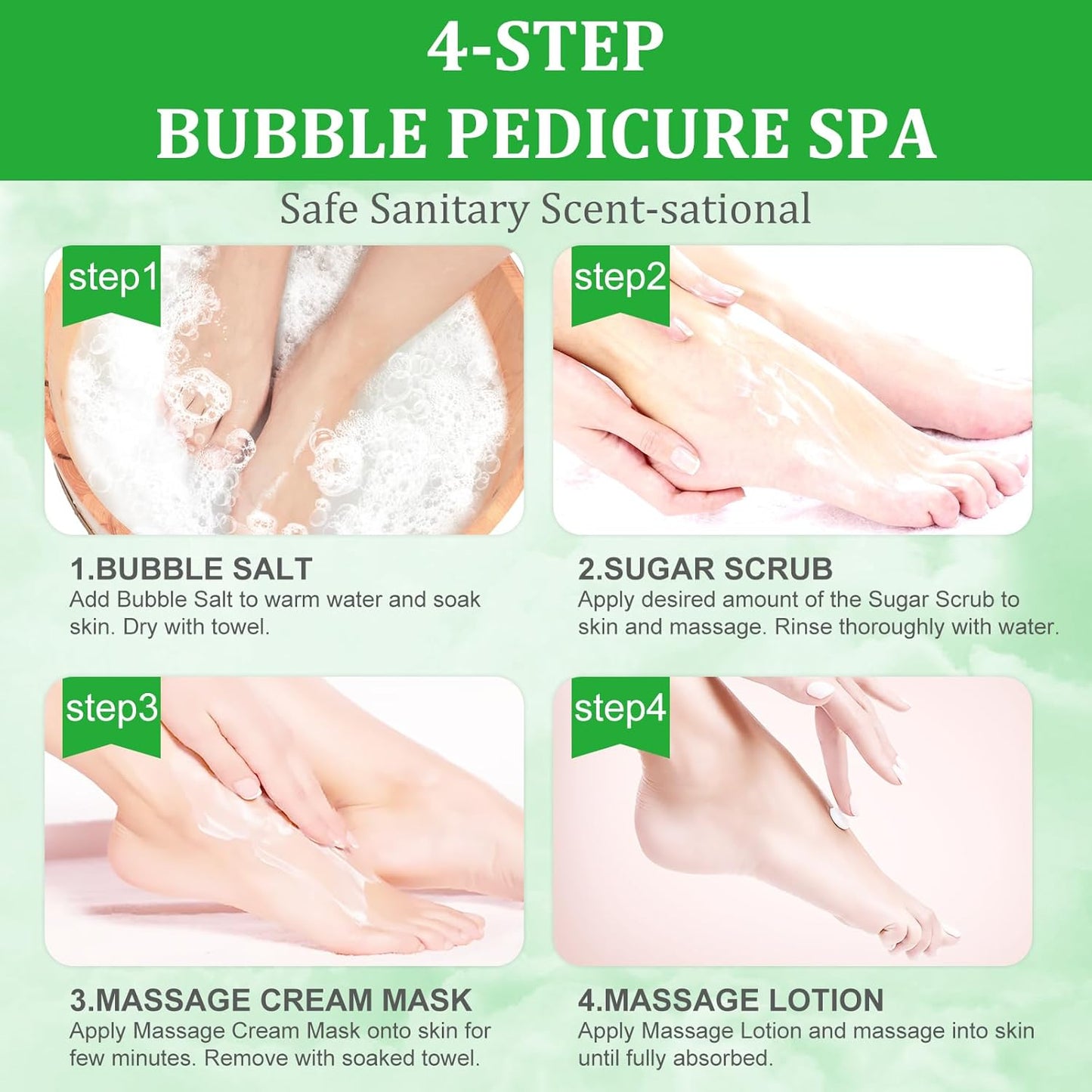 Pedicure Kit Foot Soak Set: Bubble Salt, Sugar Scrub, Massage Mask, Massage Lotion in a Box, 4 Step Foot Spa Kit for Dry Feet, Calluses and Tired Feet(3 Set Jasmine)