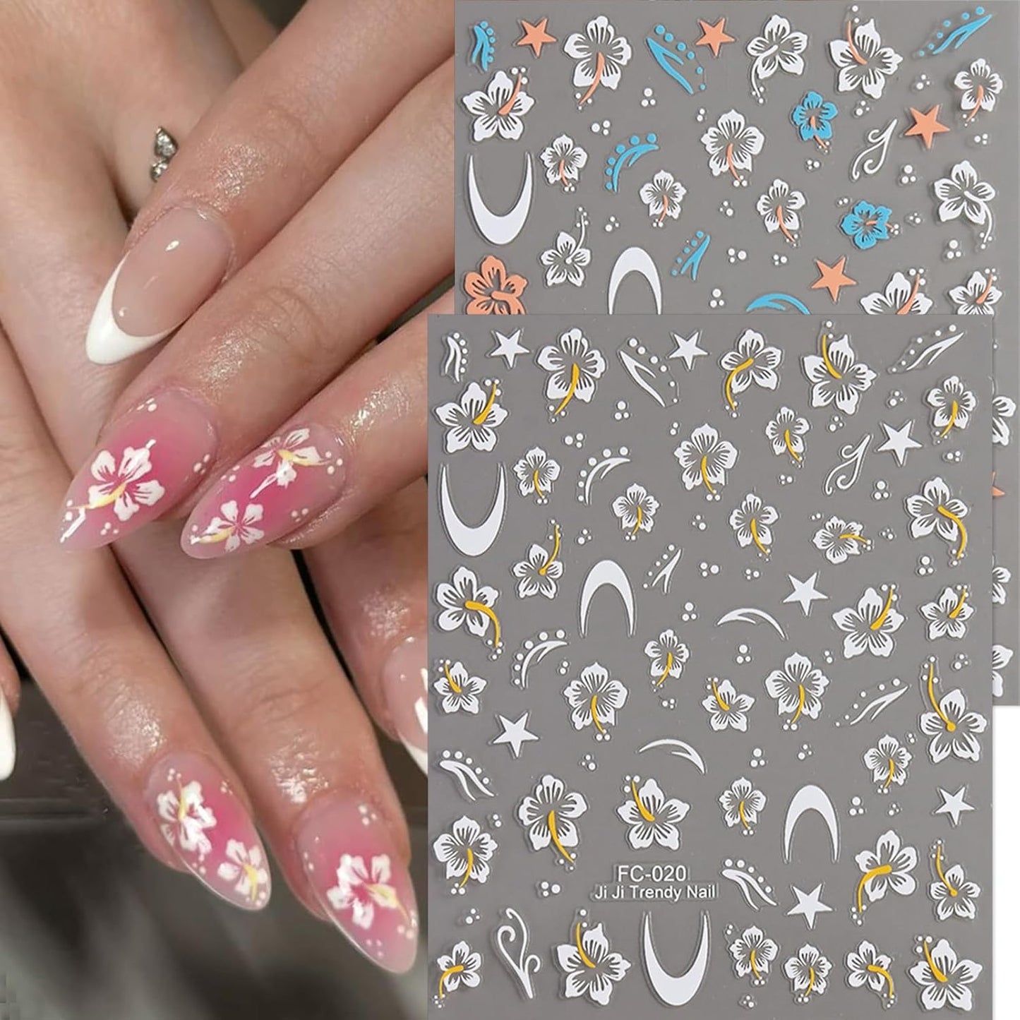 Flower Nail Stickers Fall Nail Decals 6PCS 3D Self-Adhesive White Yellow Blue Orange Floral Nail Design Autumn Nail Art Supplies DIY Acrylic Nail Art Decorations Accessories Flowers Sticker for Women