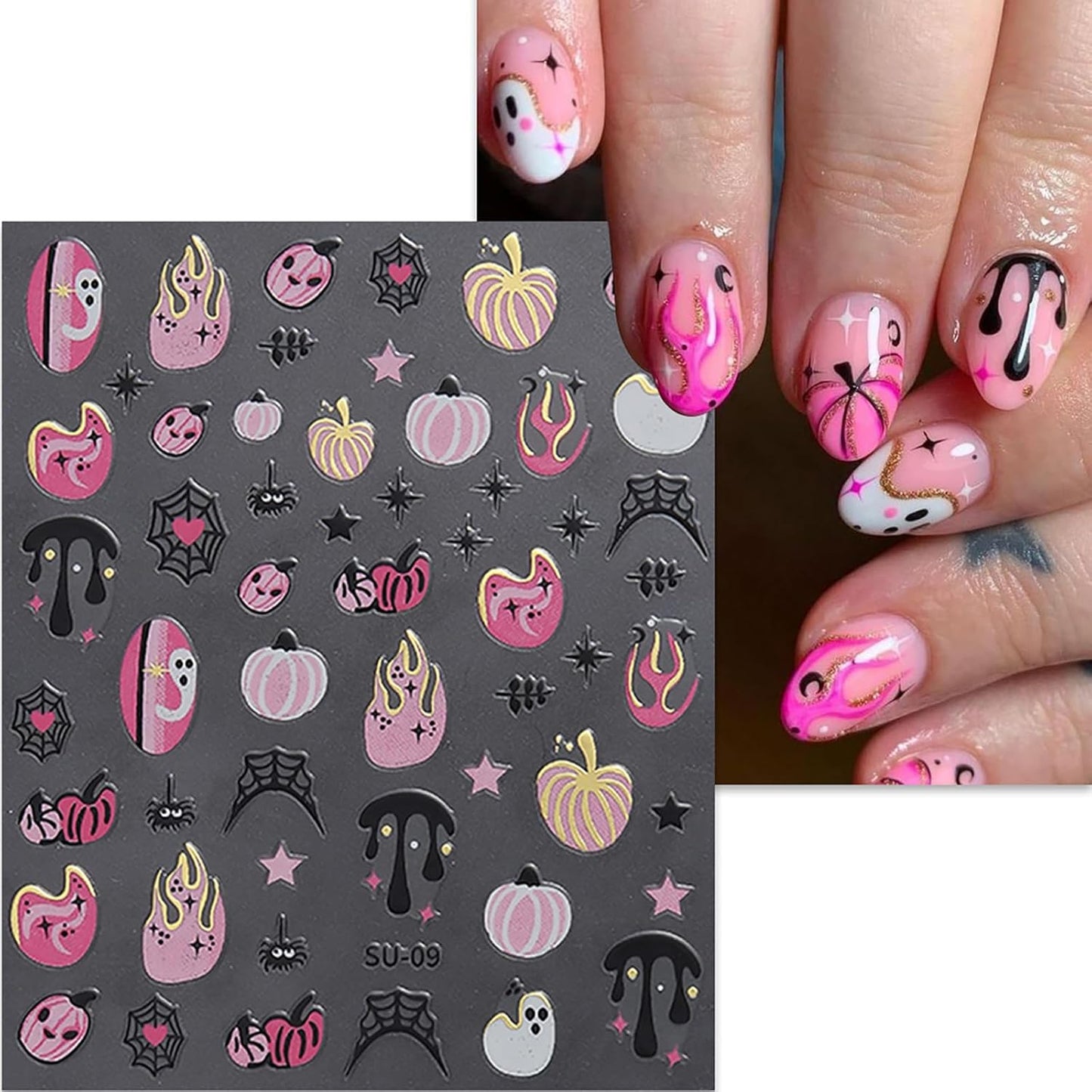 8 Sheets Halloween Nail Art Stickers Cute Ghost Pumpkin 3D Self-Adhesive Nail Decals Spider Web Blood Flame Designs Manicure Art Fall Thanksgiving Nail Supplies for Women DIY Nail Decorations