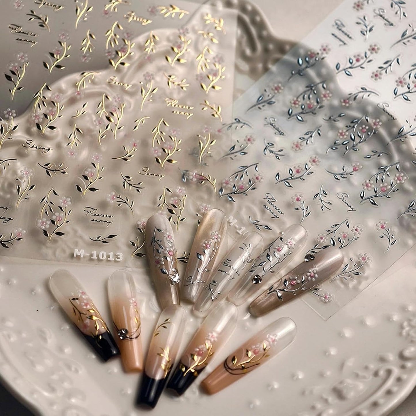 Leaf Flower Nail Stickers Gold Branch Nail Designs 3D Self-Adhesive Silver Leaf Nails Supplies 5D Embossed White Pink Fall Nail Decals Summer Nail Art Decoration for Women DIY Manicure 2 Sheets