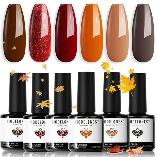 modelones Fall Gel Nail Polish Set, 6 Colors 2025 Nude Brown Burnt Orange Glitter Gel Polish Dark Red Wine Burgundy Maroon Nail Polish Soak Off Halloween Nail Art Manicure Kit DIY Salon Gift