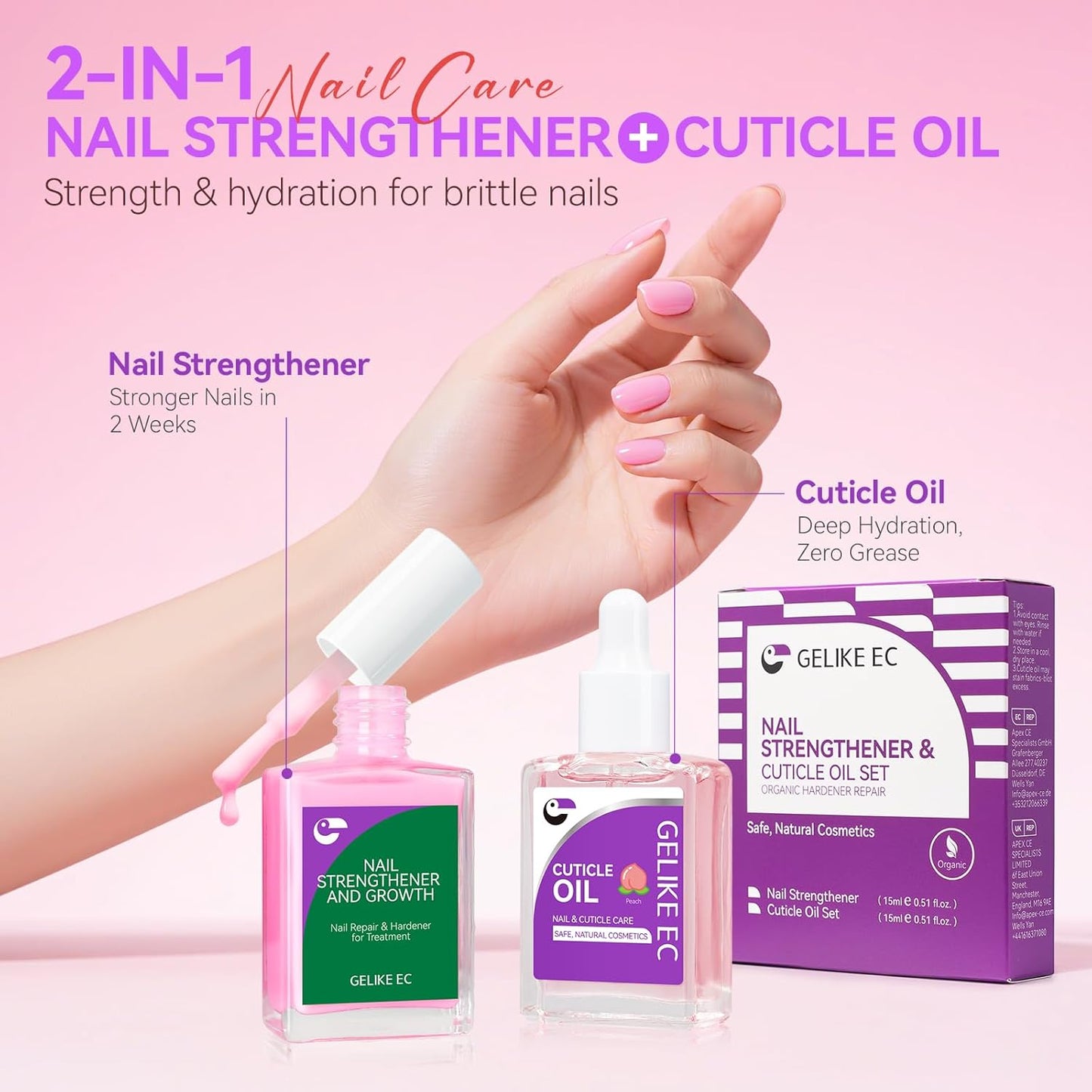 Gelike EC Nail Care Gift Set: Pink Fingernail Strengthener & Peach Cuticle Oil 15ml - Cute & Fruity Manicure Set for Thin Peeling Nails - Women Mom Girlfriend Teens Girls Favorite