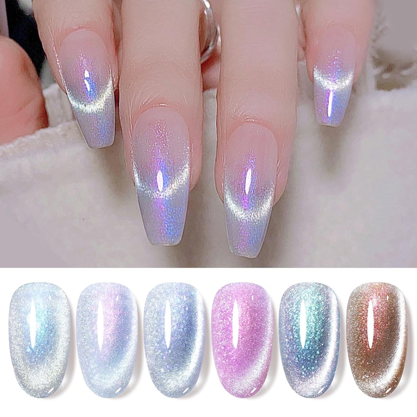 Born Pretty Cat Magnetic Gel Nail Polish Set Auroras 9D Cat Magnetic Eye Glitter Gel Polish Nail Art Manicure Collection Gift 6PCS 7ML