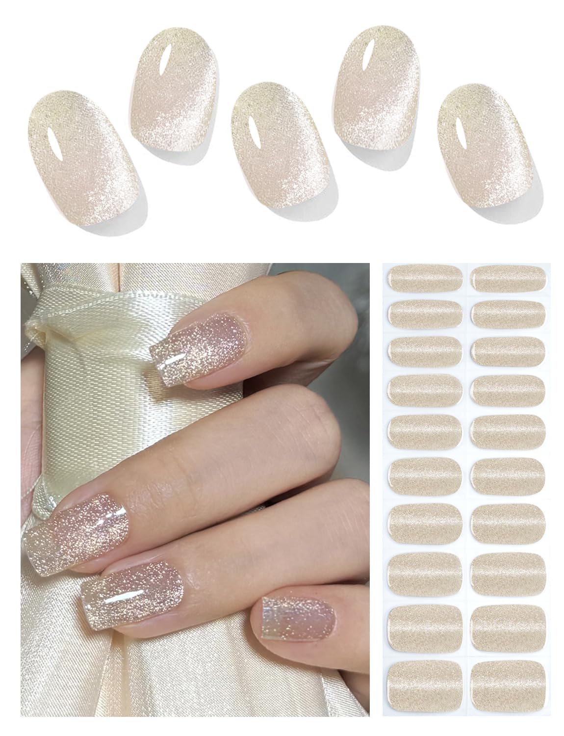 Semi Cured Gel Nail Strips, Nude Cat Eye P 20pcs Nail Sticker, Gel Wraps UV for Home Nails DIY