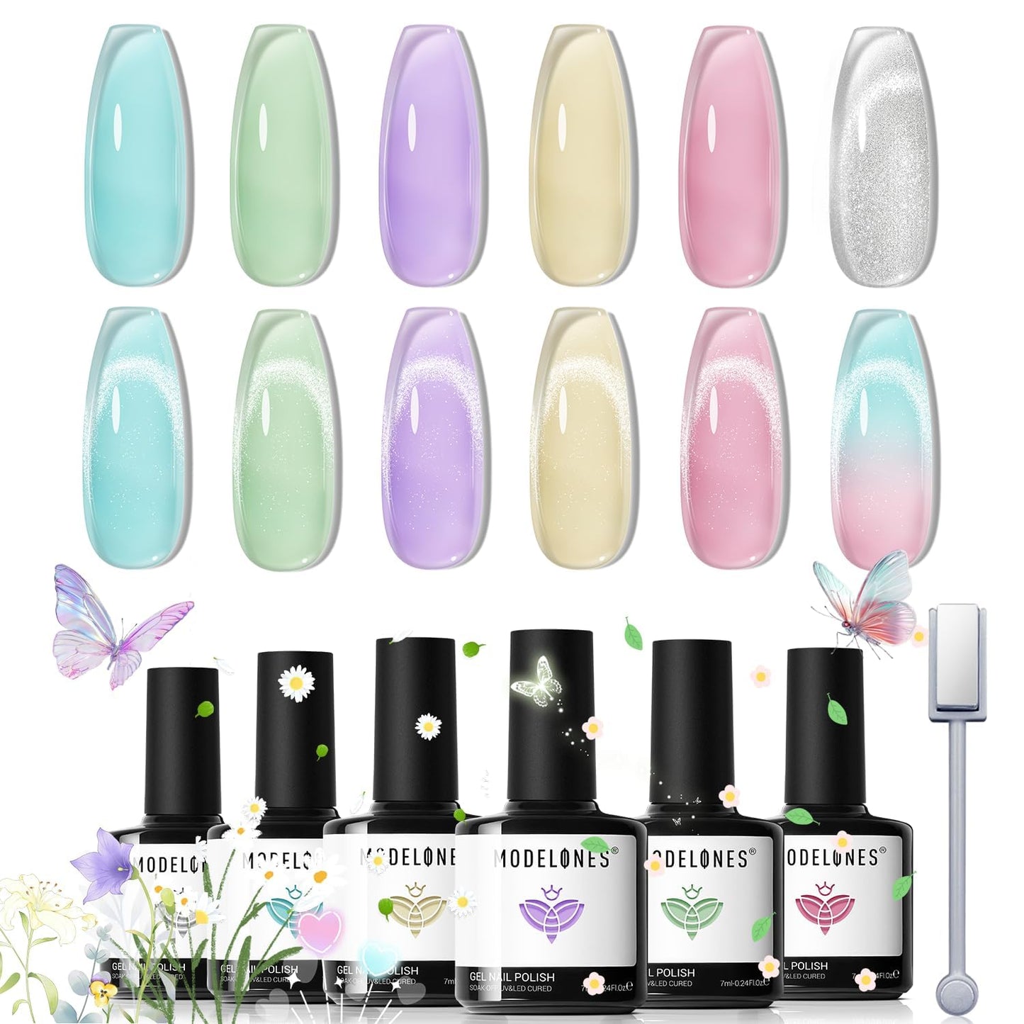 modelones Gel Nail Polish Set, 6 Colors Silver Cat Eye Gel Polish Translucent Pastel Sheer Pink Yellow Lavender Purple Baby Blue Mint Green Jelly Nail Polish with Magnet LED Manicure DIY Gift
