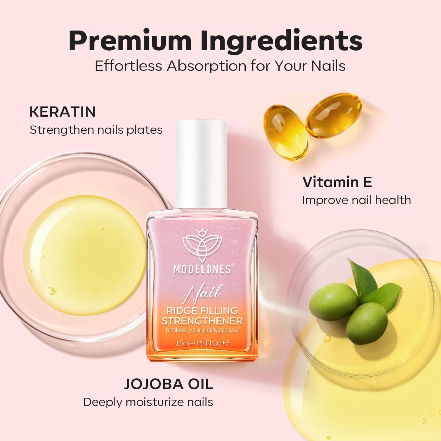 modelones Nail Strengthener Glitter Pink Nail Polish Nail Repair for Damaged Nails Hardener and Growth Polish Nail Care15ml