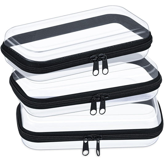Hoolerry 3 Pcs Clear Hard Zipper Case Plastic Pouch Transparent Hard Case Clear Makeup Bag Portable Travel Organizer Bin for Cosmetics, Building Blocks, Puzzles(Black,S)
