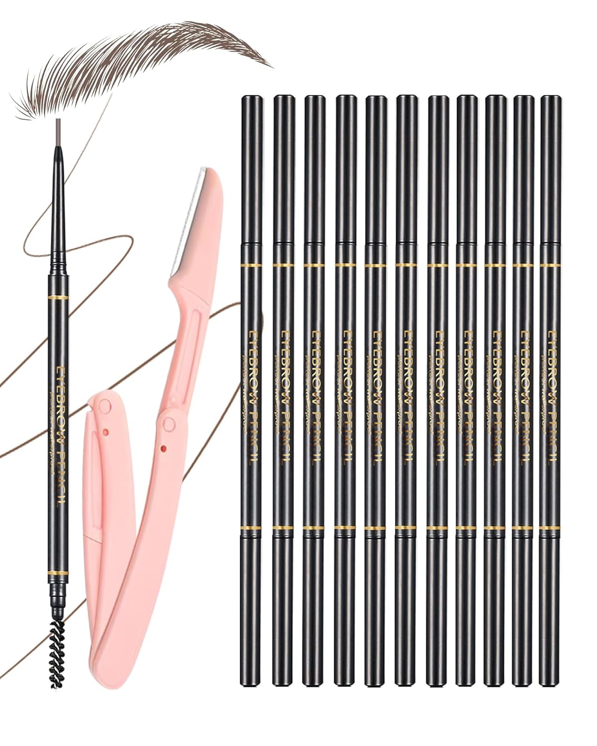 Dark Brown Eyebrow Pencils for Women, 12Pcs Ultra Slim Eyebrow Pencil with 2 Brow Razors Kit, Double Head 1.5mm Micro-Fine Tip & Spiral Brush, Can Draw Fine and Long-Lasting Brows Makeup