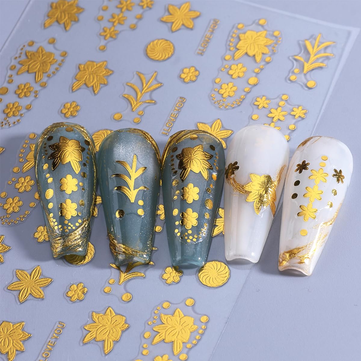 3D Gold Nail Art Stickers 4 Sheets Metallic Flower Leaf Nail Stickers Retro Totem Floral Nails Decals Self Adhesive Gold Designs Luxury Accessories Manicure Supplies for Women DIY Acrylic Decorations