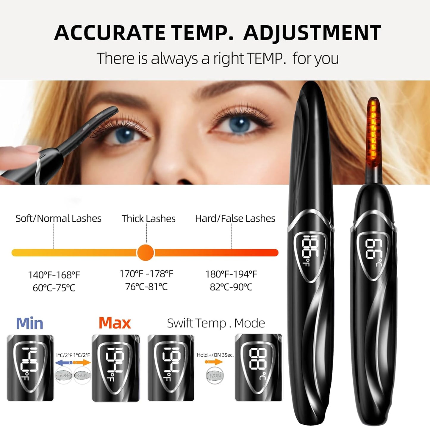 Heated Eyelash Curlers, Portable Heated Lash Curler,Heated Eyelash Curler Intelligent Power 0ff, Makeup Electric Eyelash Curler (Black/Silver, S600-148MM)