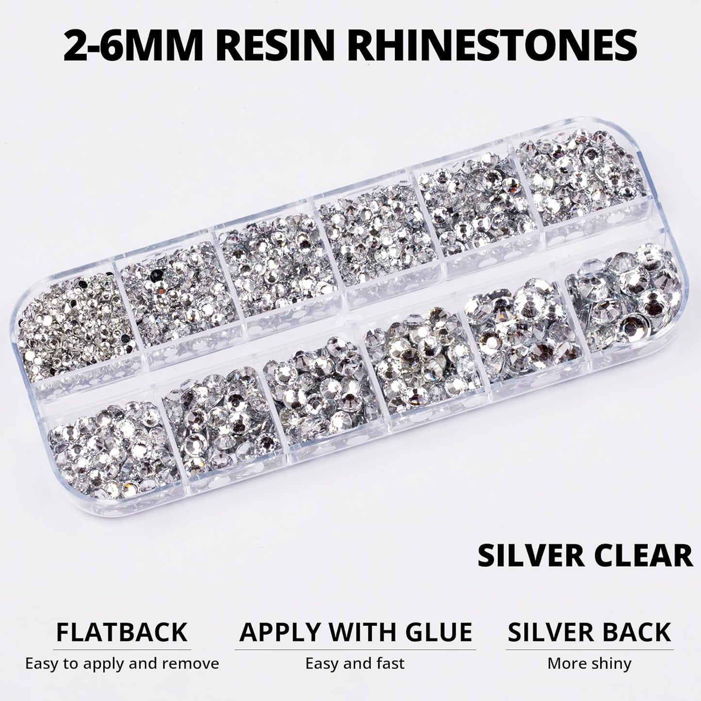 Resin Rhinestones for Crafting Bedazzling with b7000 Glue, 6000Pcs Silver Clear Flatback Gems Crystal for Crafts Clothing Clothes Shoes Nails Makeup, Flat Back Jewels Diamonds Rinestones Set Mix Sizes