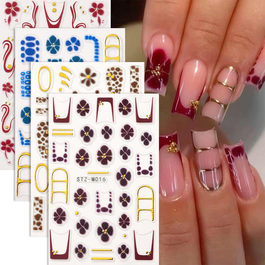 Leopard Print Nail Art Stickers Decals French Tip Nails Stickers 5D Embossed Flower Nails Decal Self-Adhesive Nail Art Decal for Women Manicure Decor