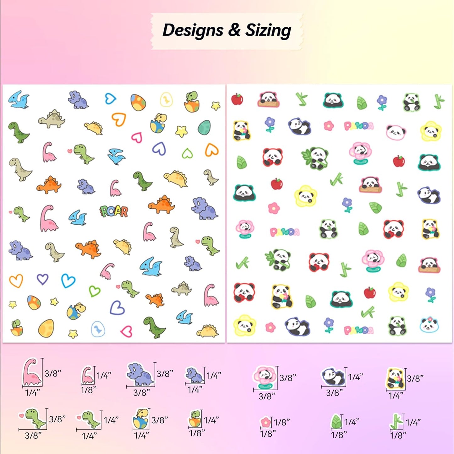 4 Sheets of 3D Nail Stickers - 292 Cute Nail Decals - Embossed Nail Stickers for Kids | Kawaii Theme - Flowers, Hearts, Bunny, Panda, Dinosaurs | Glow in The Dark
