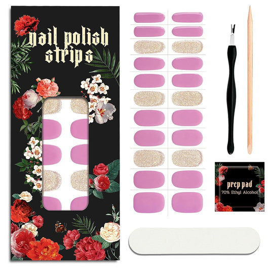 Nail Polish Strips - 22 Pcs Salon Quality Gel Nail Stickers - Long Lasting Wraps (Berry Gold Glitter)