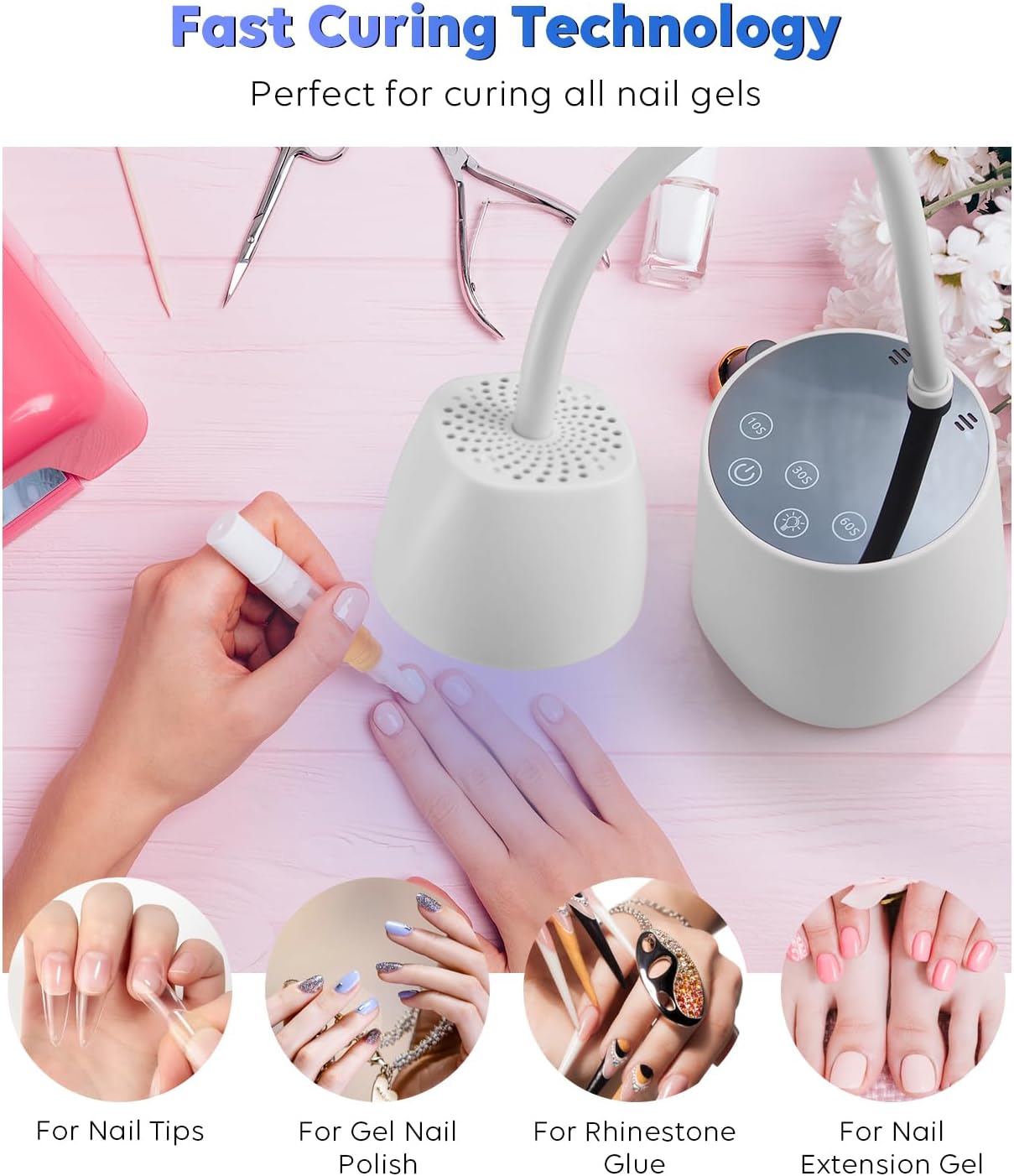 UV LED Nail Lamp - Gooseneck UV Light for Gel Nails Cordless USB 27W Nail Dryer 2 in 1 Gel Lamp and Desk Lamp with 4 Times & Auto Sensor Professional Fast Flash Curing Polish Nail Art(White)