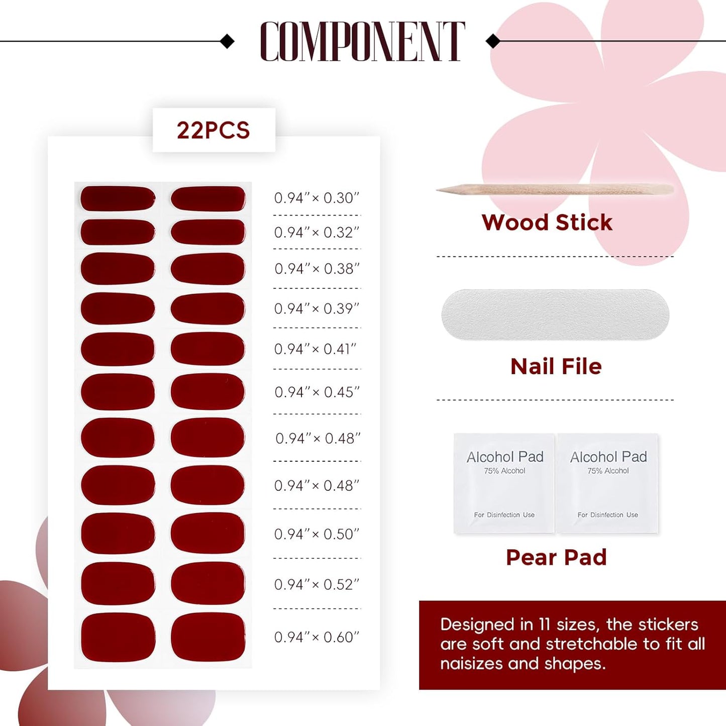 Gloss Nail Strips|Uv Free|22 Pcs,Gel Nail Stickers|Long Lasting Two Weeks and Easy to Apply&Remove|Burgundy