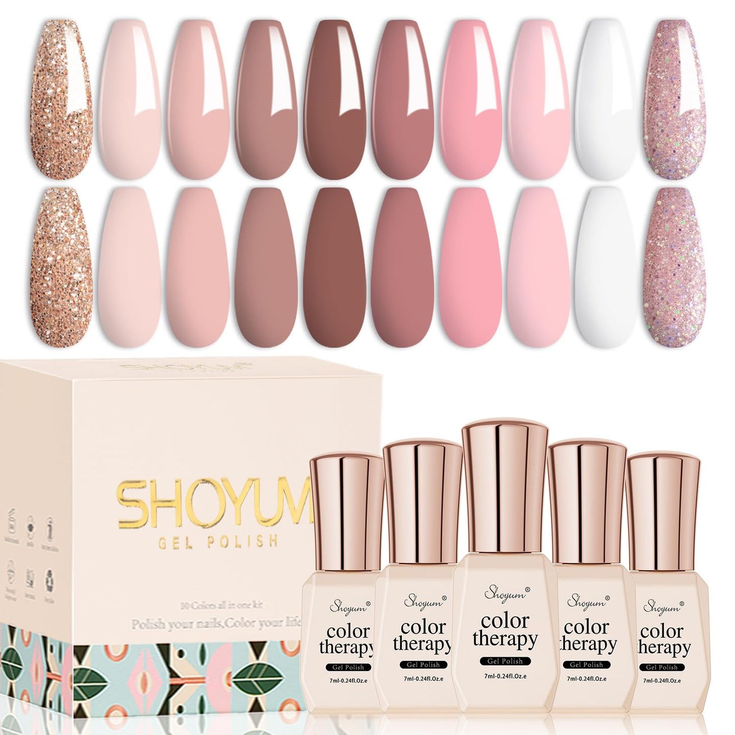 Nude Gel Nail Polish Set, 10 Colors Neutral Gel Polish Nude Pink Skin Tone Glitter Nail Polish Gel Starter Kit Soak Off All Season LED Manicure DIY Salon Gifts for Women Girls