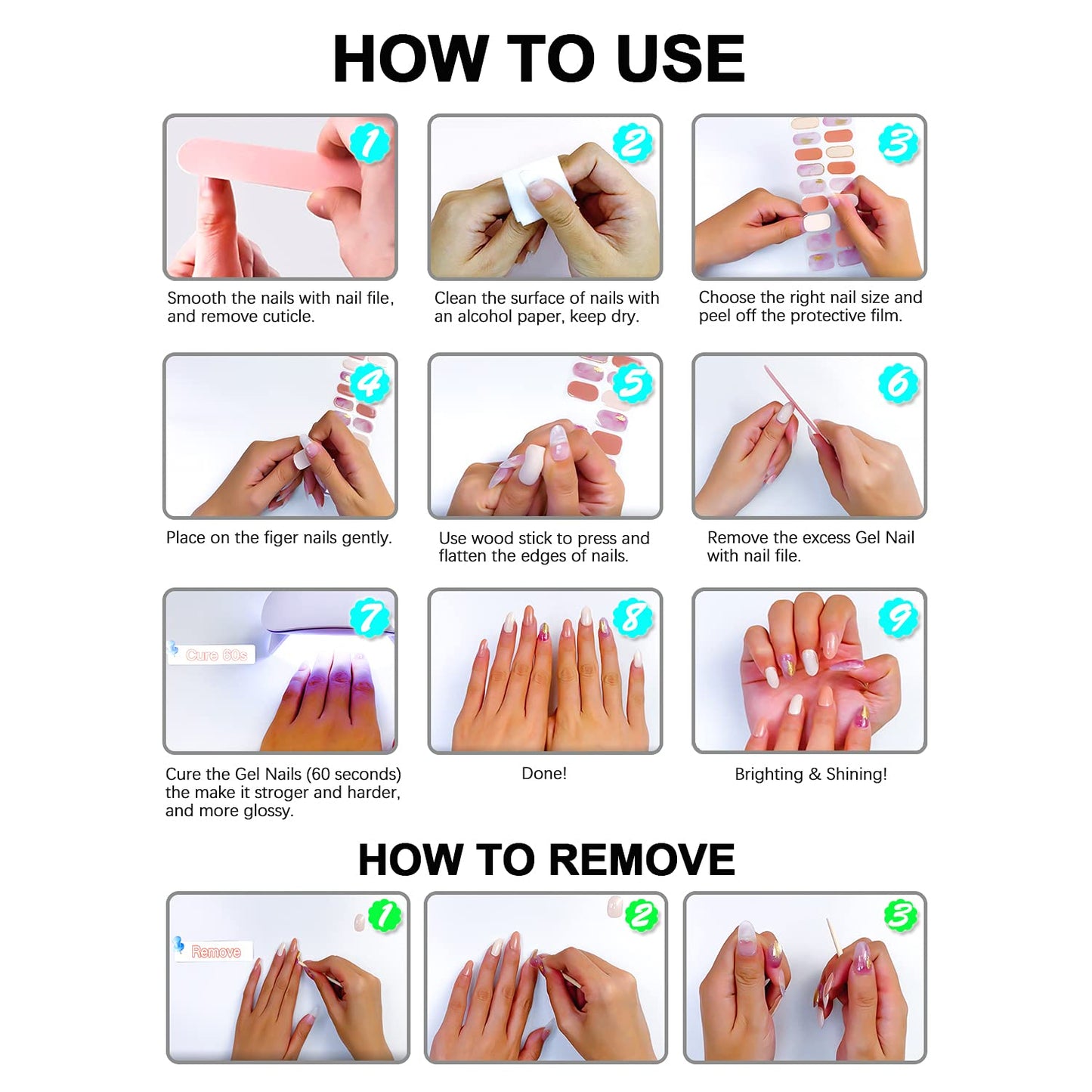 WOKOTO 20 Pcs Gradient Semi Cured Gel Nail Strips With Nail File & Wooden Stick Semicured Nail Polish Strips For Women Girls Gel Nail Wraps Uv Light Gel Nail Stickers Stick On Nails Gel Stickers