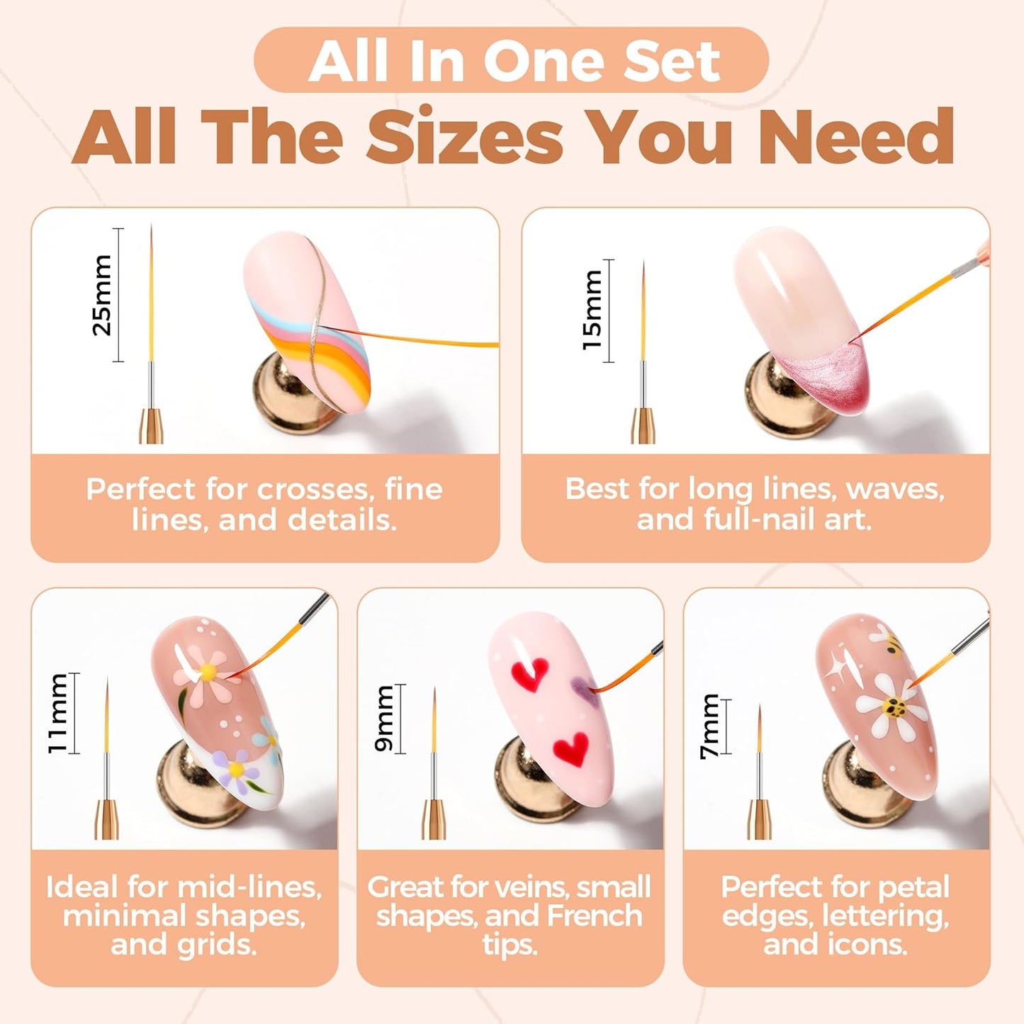 UNA GELLA Metallic Nail Art Brushes, Liner Pens Set 5Pcs Black Color For Nail Art Gel Polish - Thin Detail Nail Art Design Painting Brush Set For Nails Gel Fine Drawing Nail Tools Sizes 7/9/11/15/25mm