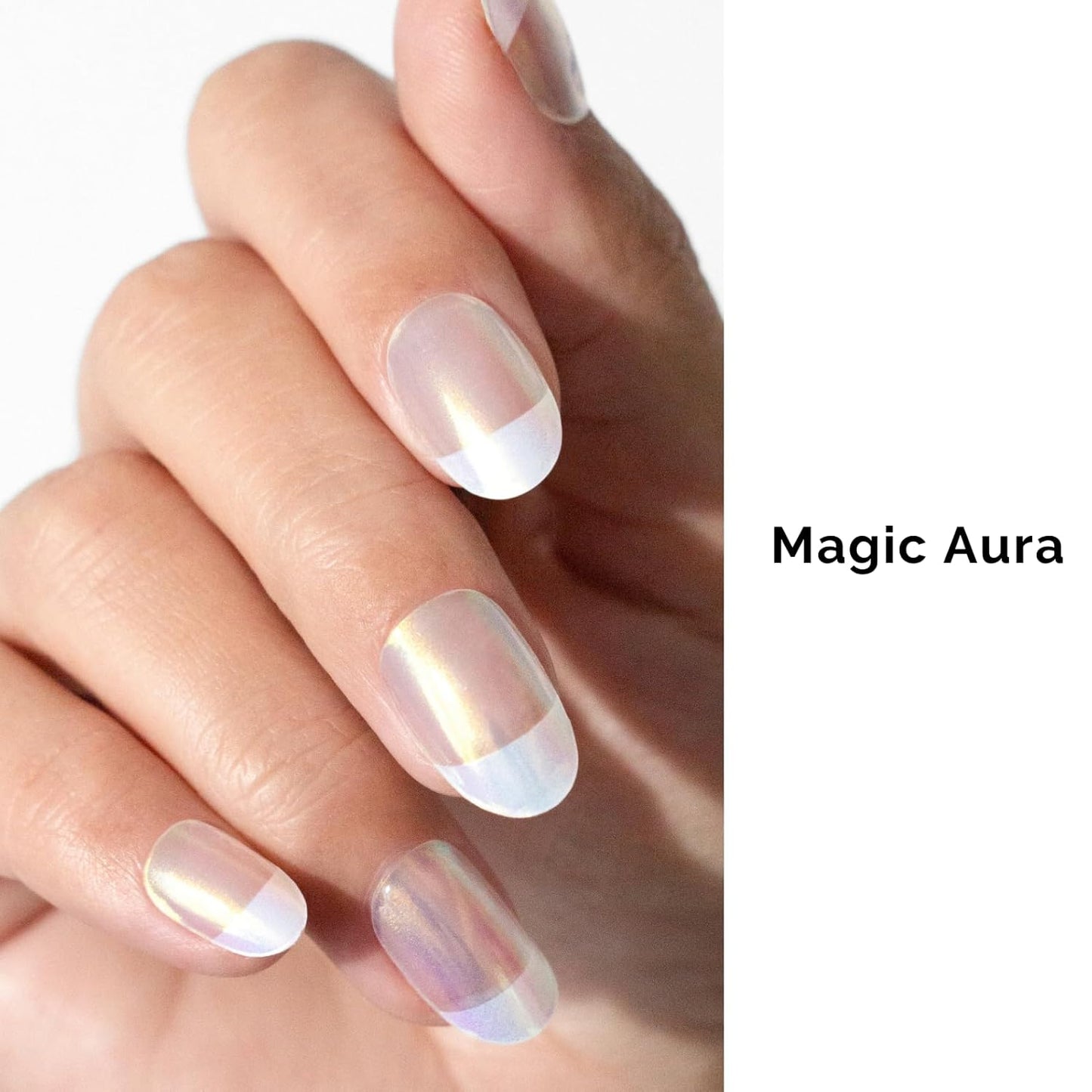 Semi Cured Gel Nail Strips - NAILOG 34 Pcs French Clear Glitter Nail Stickers Extra Long Wraps with Glossy Gel Finishing, Magic Aura