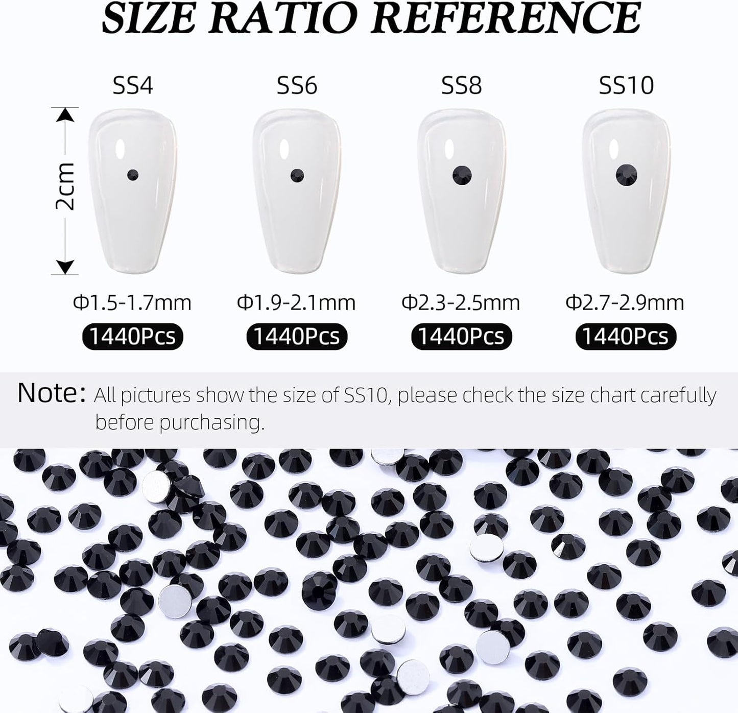 Black Flatback Rhinestones, Glass Rhinestones for Nail Art and Craft, Glue Fix, Loose Crystal Gemstones(Black, SS8, 1440pcs, 2.3-2.5mm)