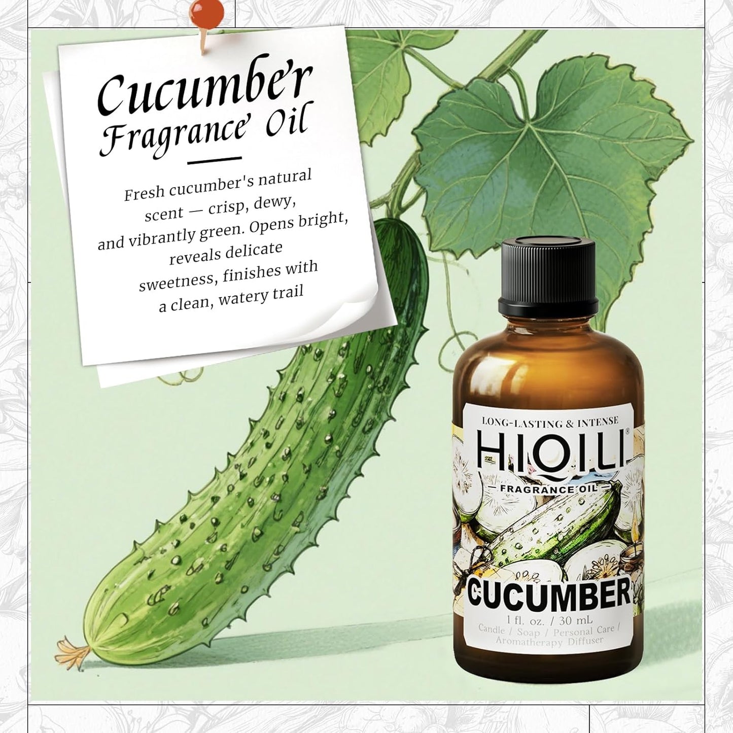 HIQILI Cucumber Fragrance Oil for Diffuser Use, Fresh Scents for DIY Soap, Body Spray, Candle Supplies for Candle Making - 1 Fl Oz