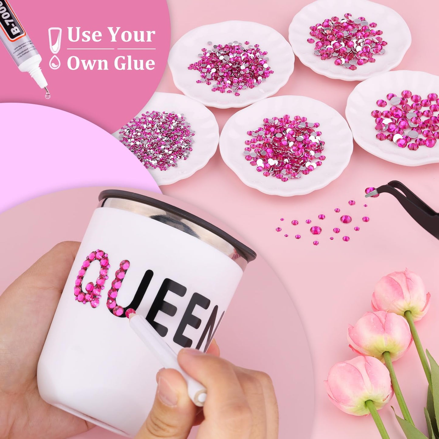 Resin Rhinestones for Crafting, 2 Boxeses Hot Pink Multi Sizes Flatback Bedazzling Crystals for Crafts Nail Art Deco, Non Hotfix Gems Charms for Tumbler Shoes Clothing Fabric Face Makeup