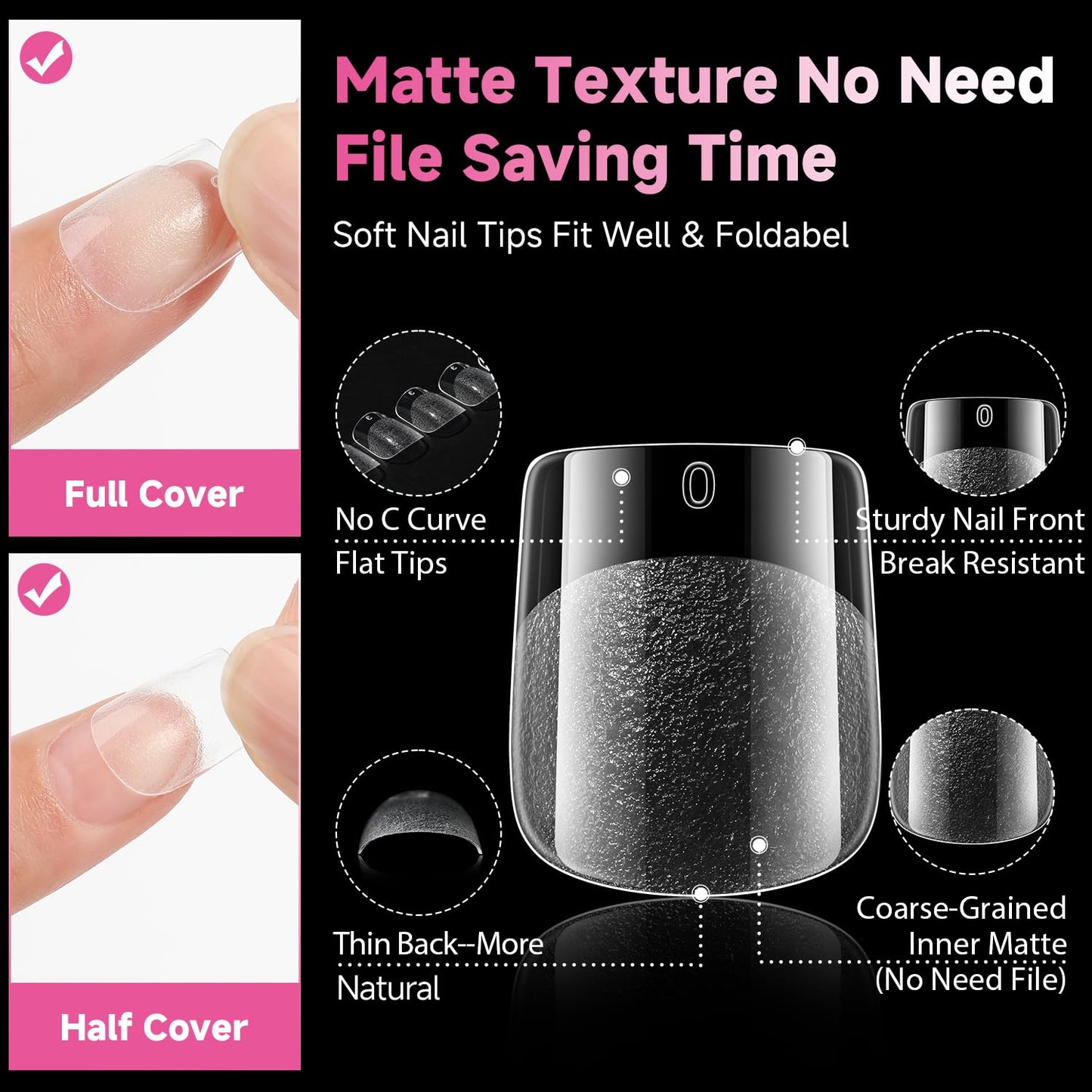 UNA GELLA Extra Short Square Nail Tips, 312pcs XS Square Gel Nail Tips, Soft Gel Full Cover Half Matte No Need File Acrylic Fake Nails for Nail Extension Home DIY Nail Salon 12 Sizes