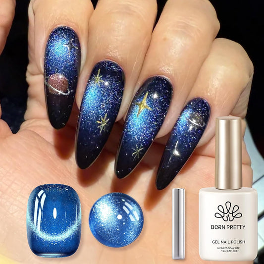 Born Pretty Cat Magnetic Eye Gel Nail Polish, Royal Blue Glitter Cat Magnetic Gel Nail Polish, Holographic Magnetic Nail Polish for Nail Art Manicure Salon DIY at Home 15ML