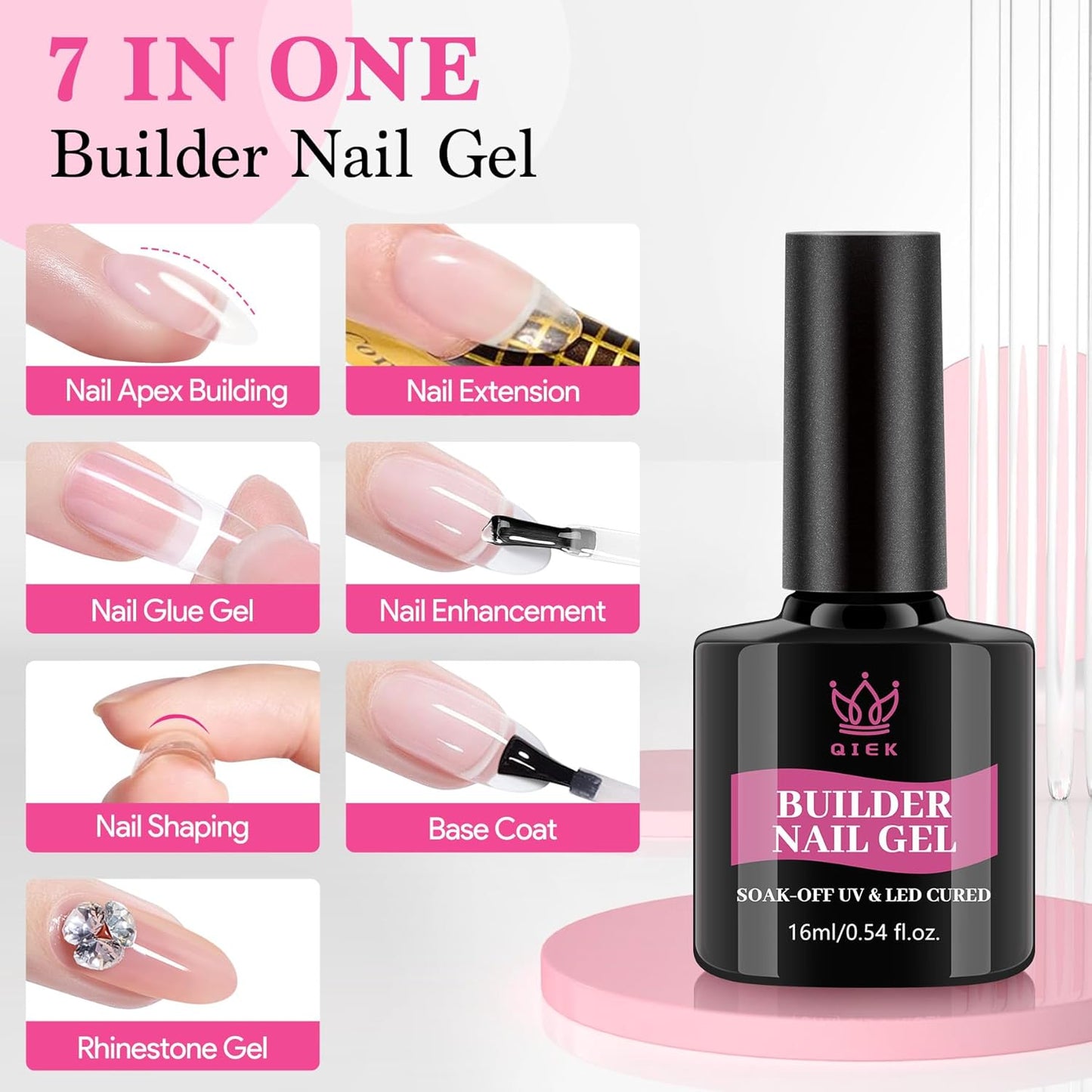Builder Nail Gel, 7-in-One Builder for Nails Crystal Clear Strengthener Glue Apex Enhancement Extension Hard Building Gel LED Lamp Cured Rubber Base Coat for DIY Beginners& Salon Manicure 0.54 OZ
