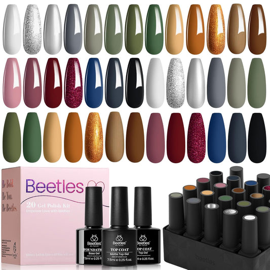 Beetles Winter Gel Nail Polish Set：23 Pcs Burgundy Brown Gold Nude Pink Black White Glitter Gel Polish Kit with Base Matte Glossy Top Coat Soak off UV Gel Nail Polish for Women