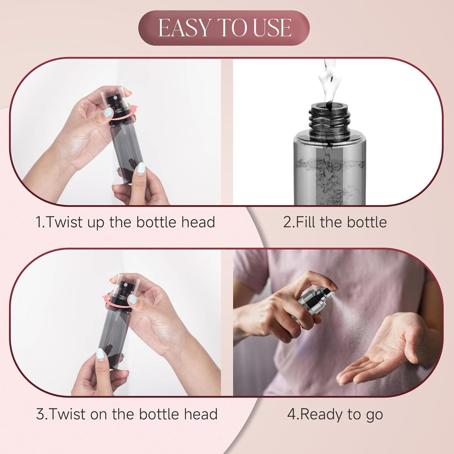 3Pack Small Spray Bottles, 3.4oz Black Plastic Fine Mist Mini Mister Bottles for Hair, Cleaning, Salons, Planting, Skin Care