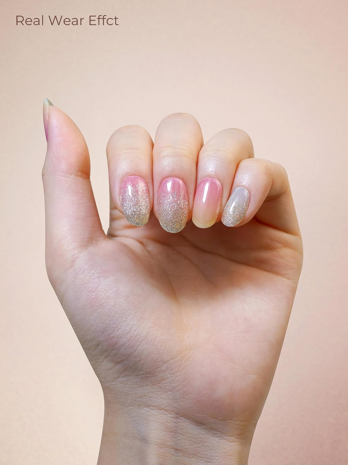 Pre Cured Gel Nail Strips - 44PCS Salon Quality Gel Nail Stickers - Long Lasting Polish Wraps for Women no UV Light Needed Easy Apply& Remove (Rainbow Pink Glow）